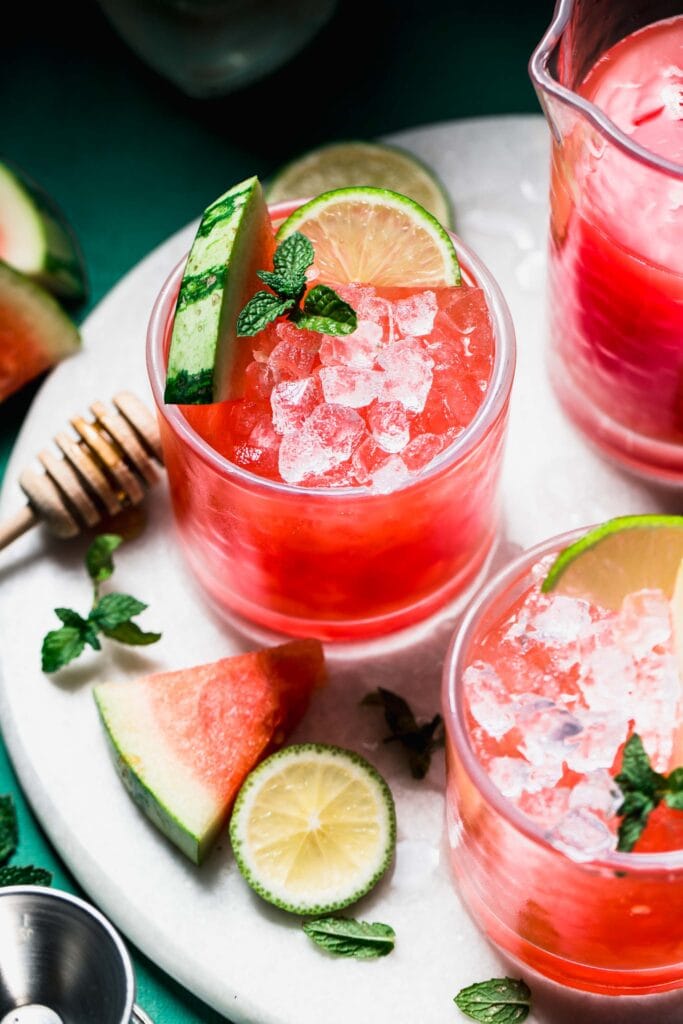 Watermelon cocktail in glass with crushed ice. 