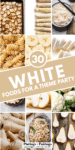 Collage of white foods with text overlay.