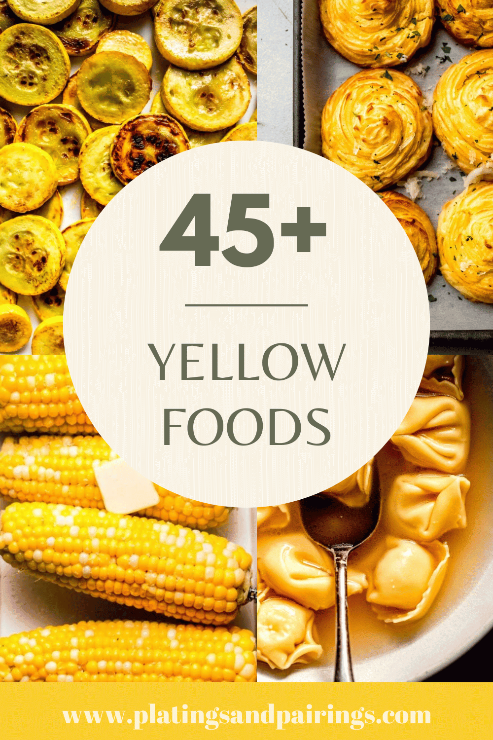 Collage of yellow foods with text overlay.