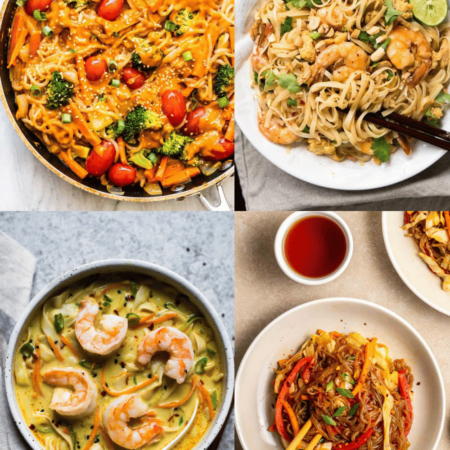 Collage of shirataki noodle recipes.