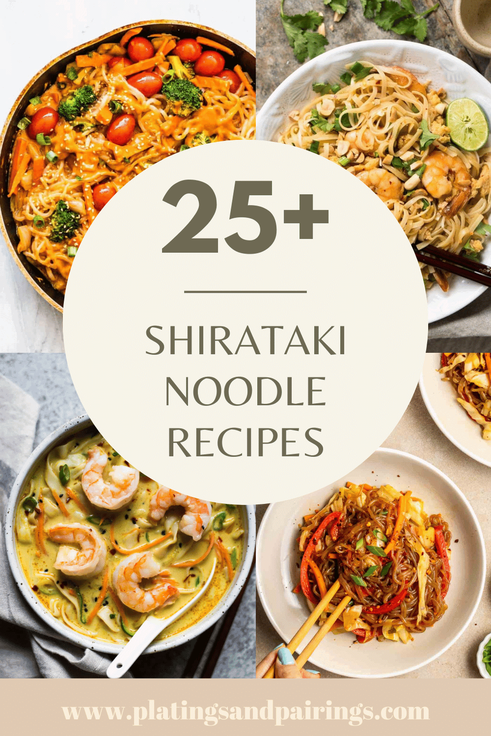Collage of shirataki noodle recipes with text overlay.