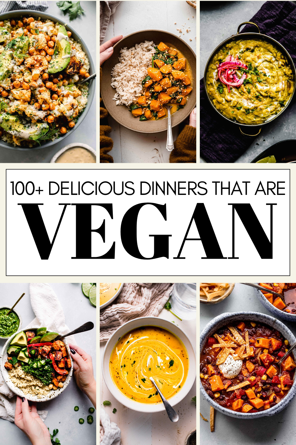 Collage of vegan dinner recipes with text overlay.