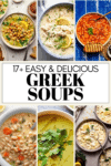 Collage of greek soup recipes with text overlay.