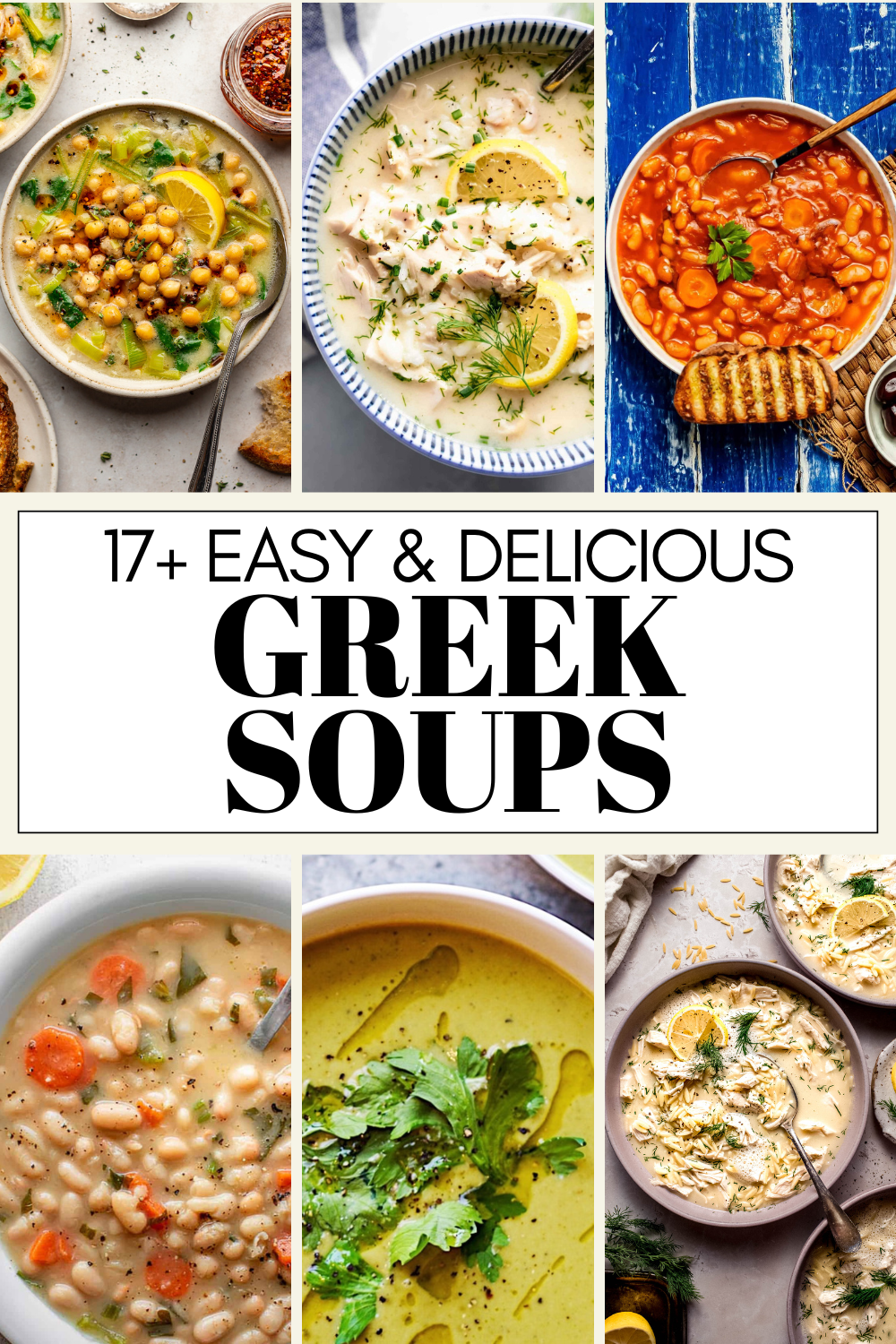 Collage of greek soup recipes with text overlay.