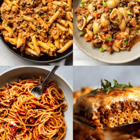 Collage of ground beef pasta recipes.