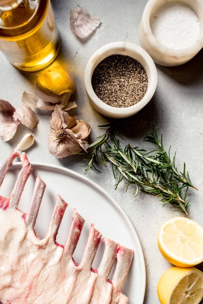 Ingredients to make lamb chops on counter. 