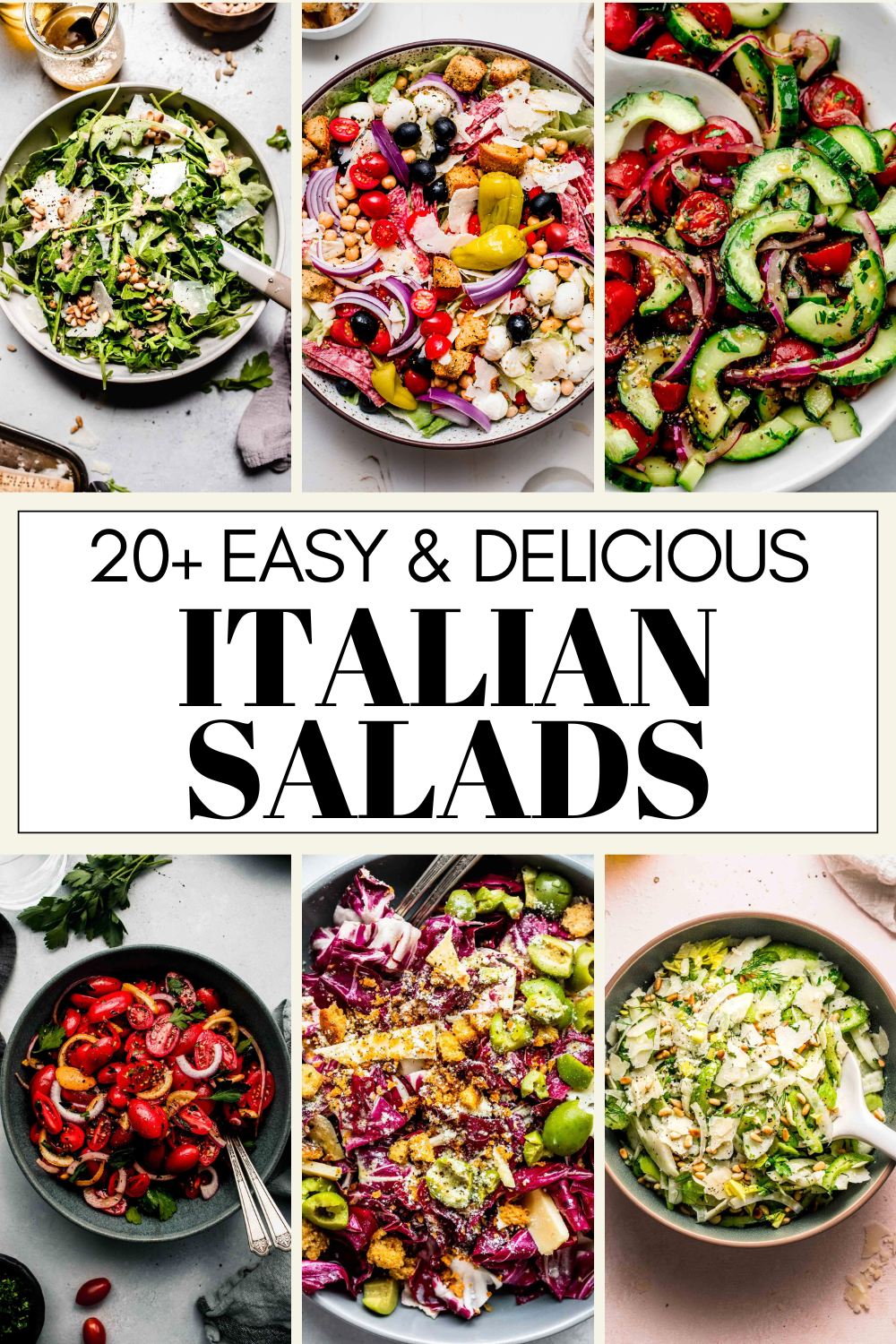 Collage of Italian salads with text overlay.