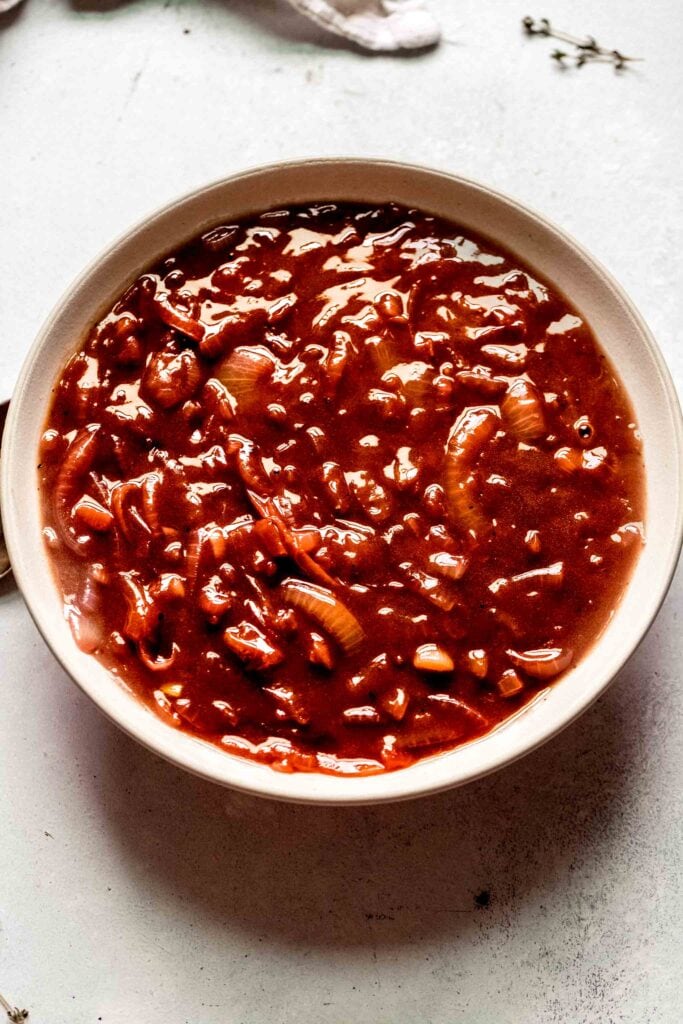 Finished onion gravy in bowl. 