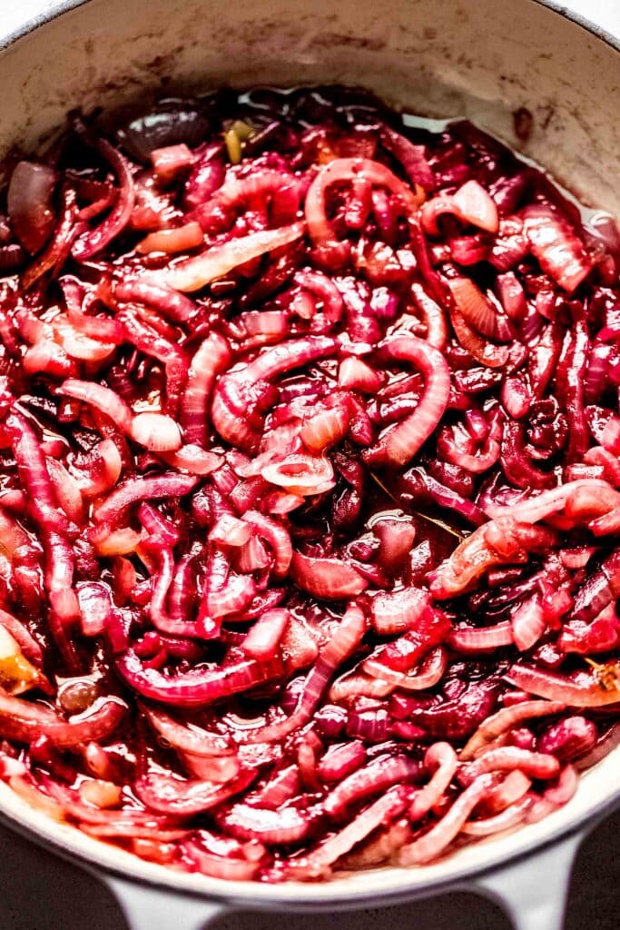 Simmered red wine onions. 