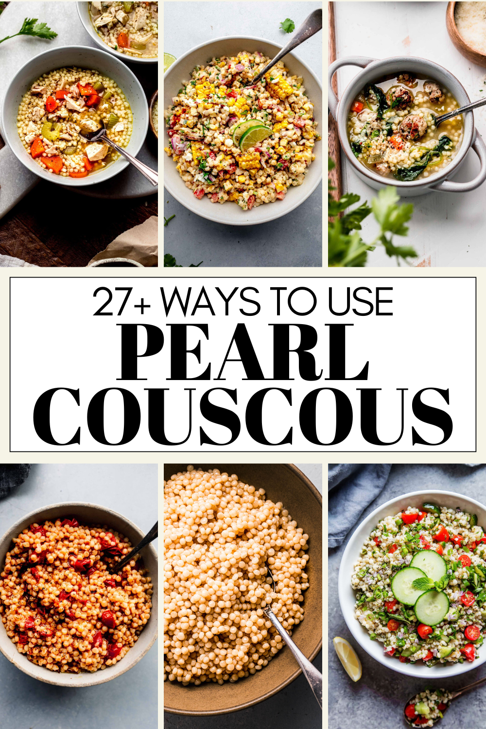 Collage of pearl couscous recipes with text overlay.