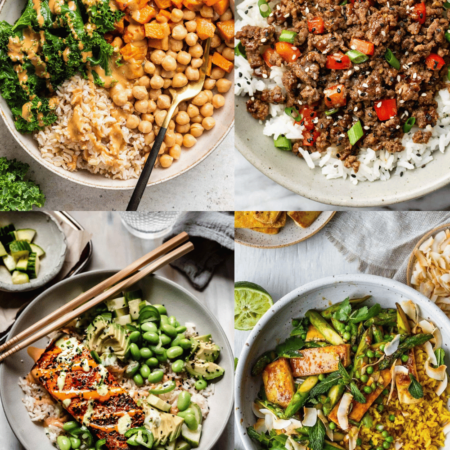 Collage of rice bowl recipes.