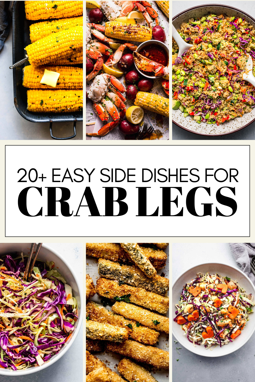 Collage of side dishes for crab legs with text overlay.