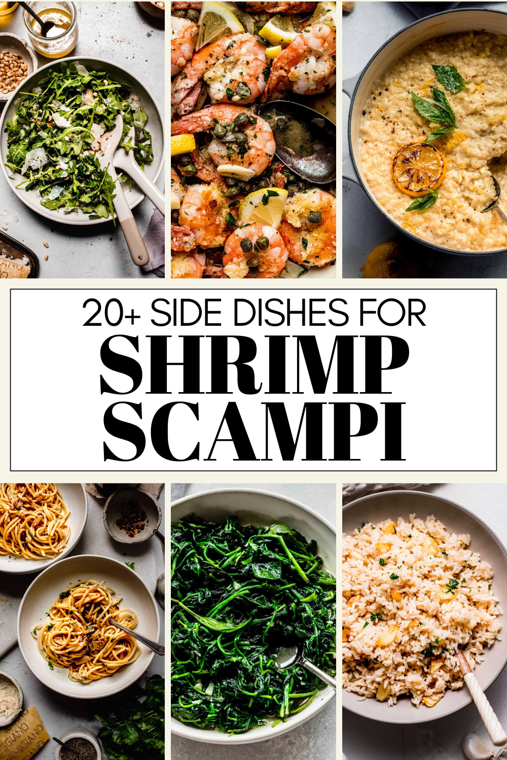 Collage of side dishes for shrimp scampi with text overlay.