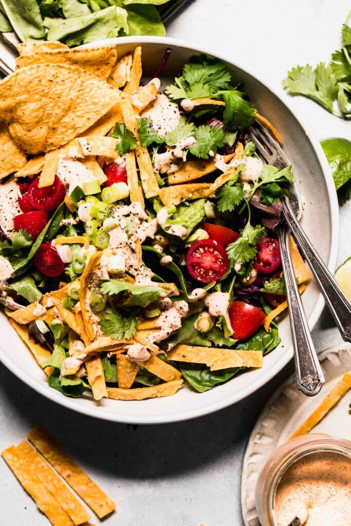 Salad dressed with southwest salad dressing. 