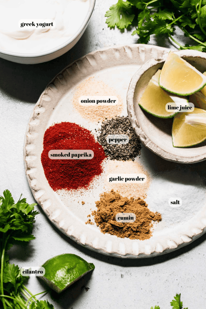 Ingredients for southwest salad dressing labeled on counter. 