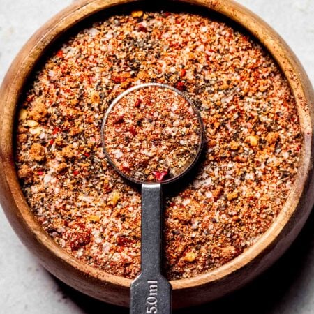 Steak seasoning in small wooden bowl.