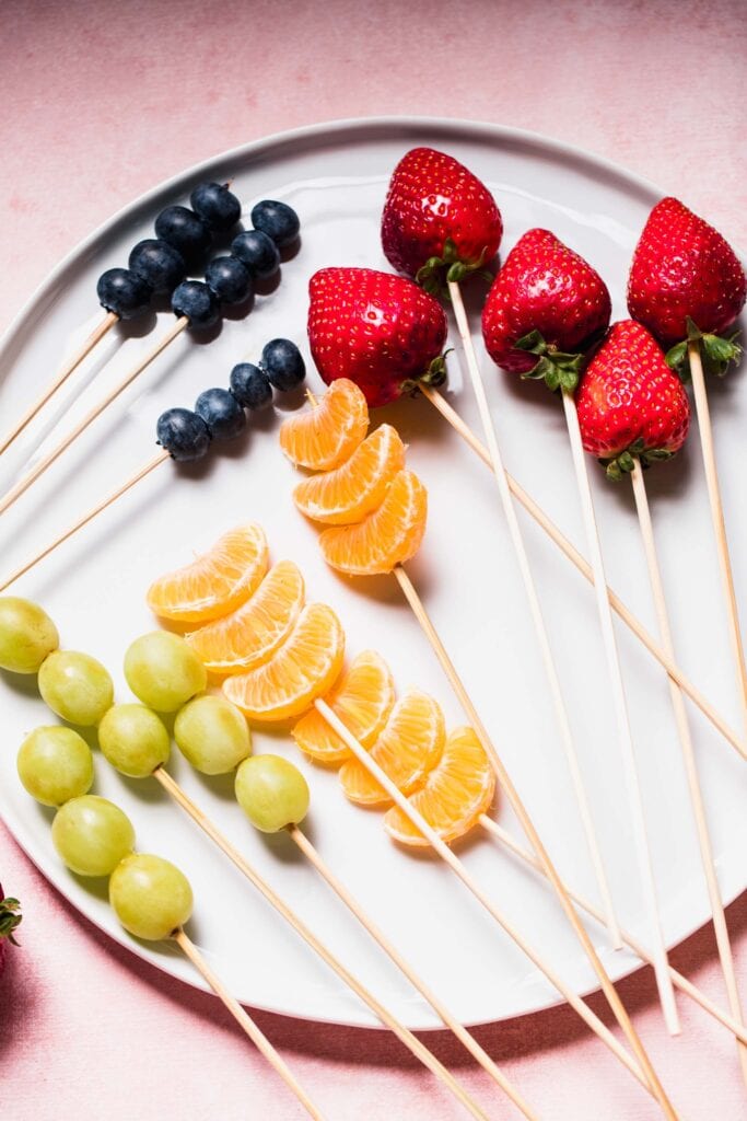 Plate of skewered fruits.