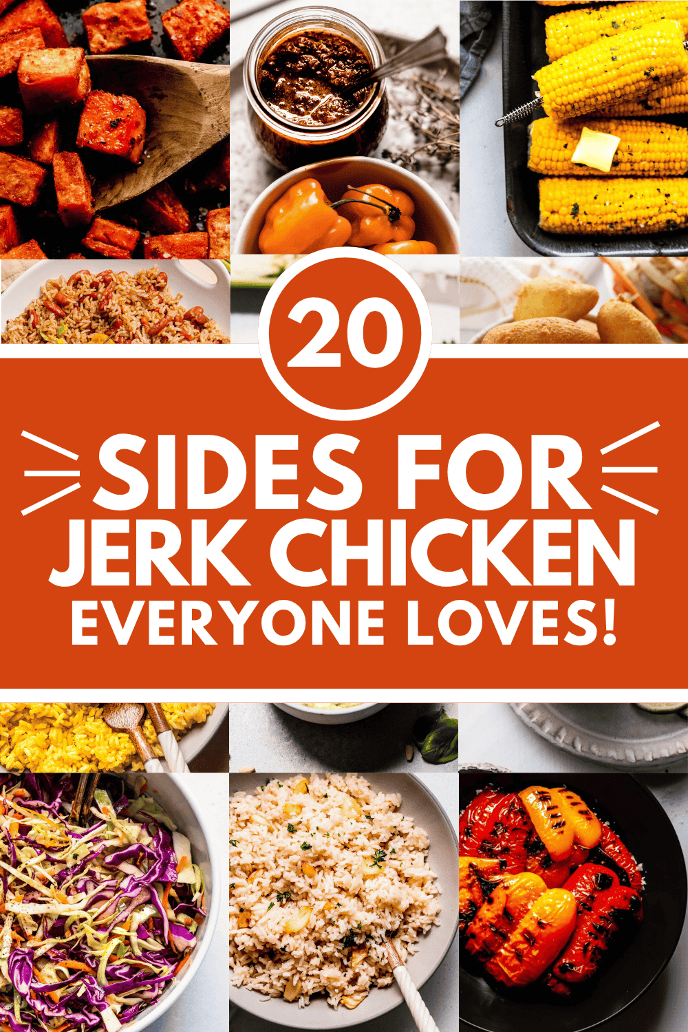 Collage of sides for jerk chicken with text overlay.