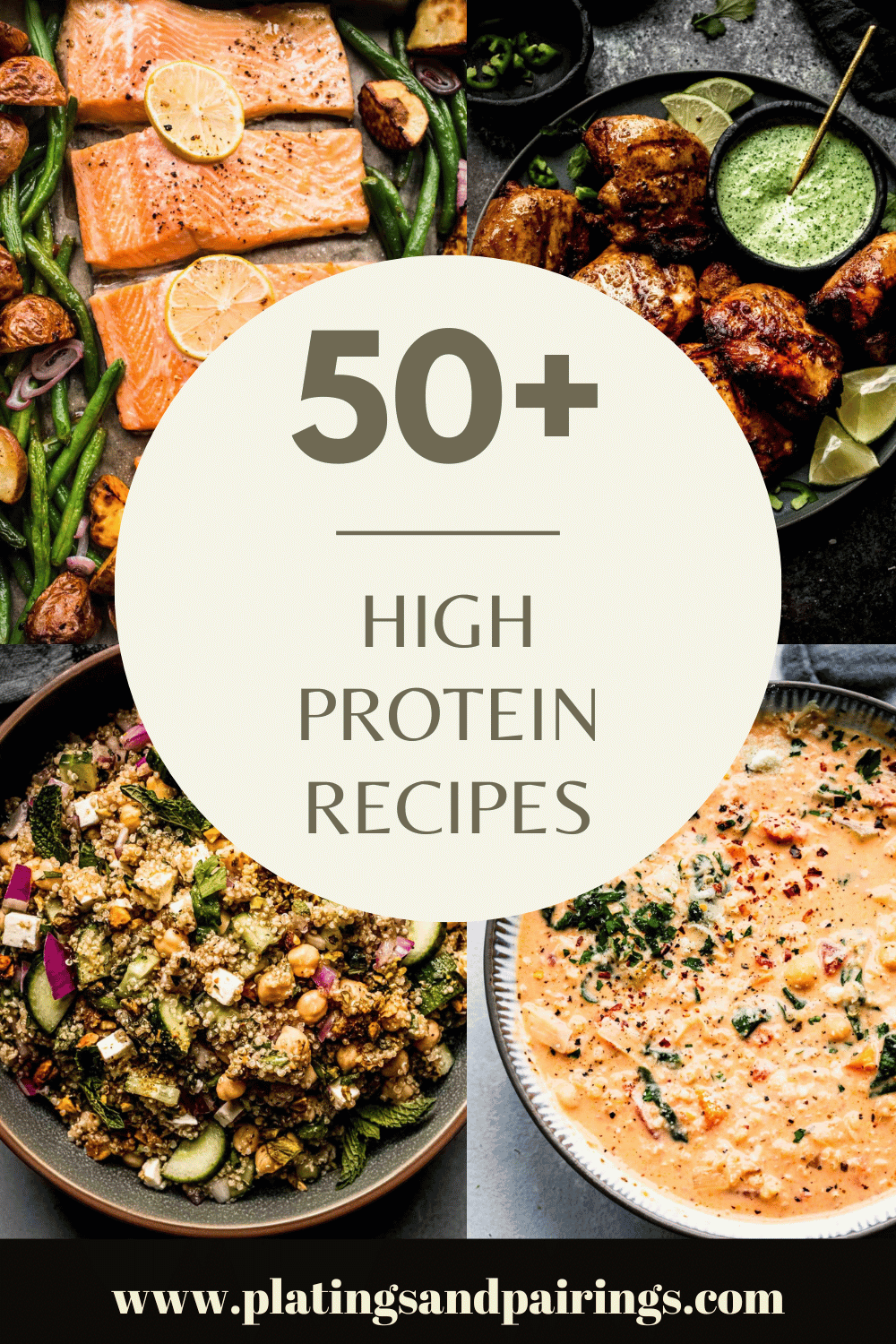 Collage of high protein recipes with text overlay.