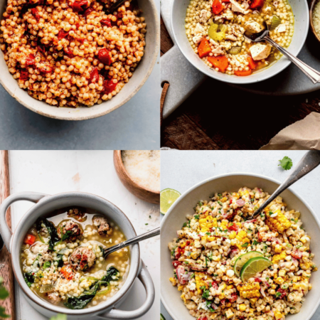 Collage of pearl couscous recipes.