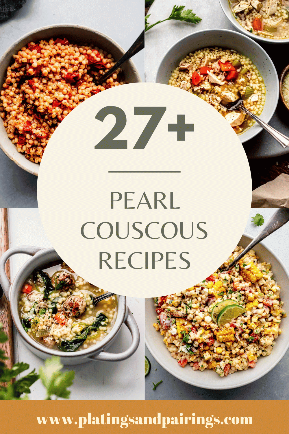 Collage of pearl couscous recipes with text overlay.