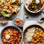 COLLAGE OF VEGAN DINNER RECIPES.