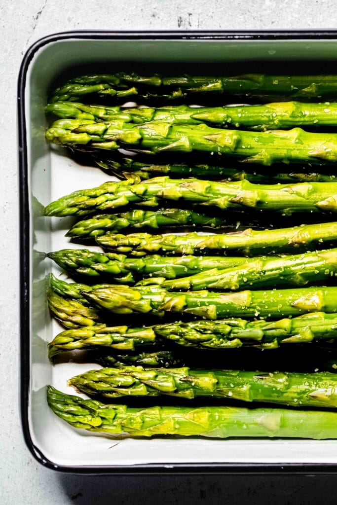 Close up of blanched asparagus spears.