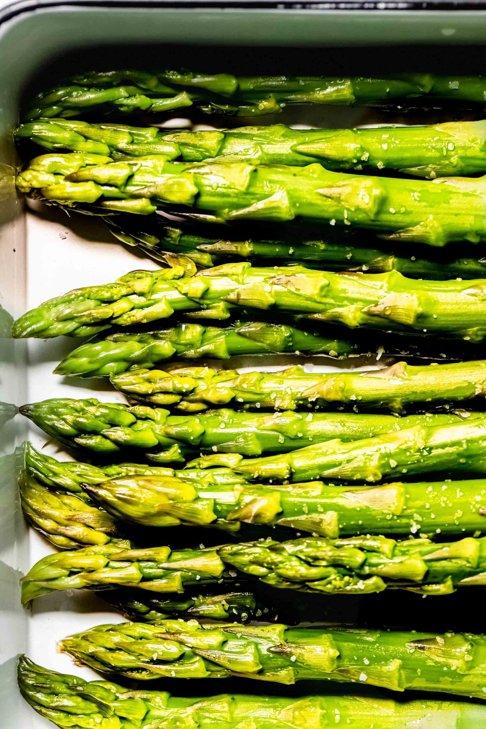 Close up of blanched asparagus spears.