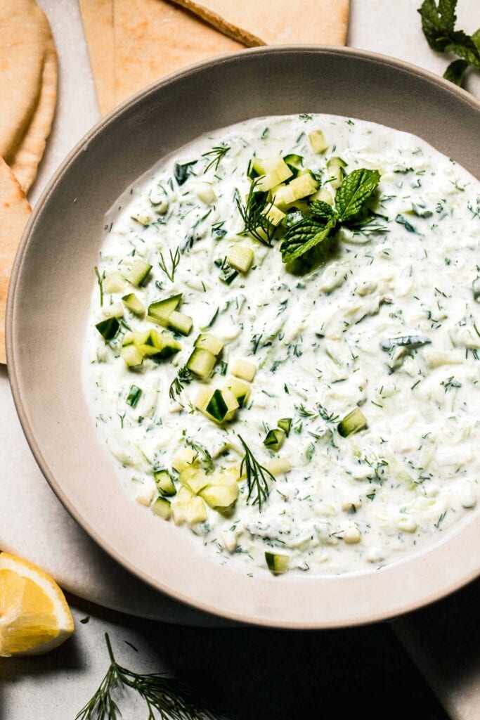 Prepared tzatziki in bowl. 