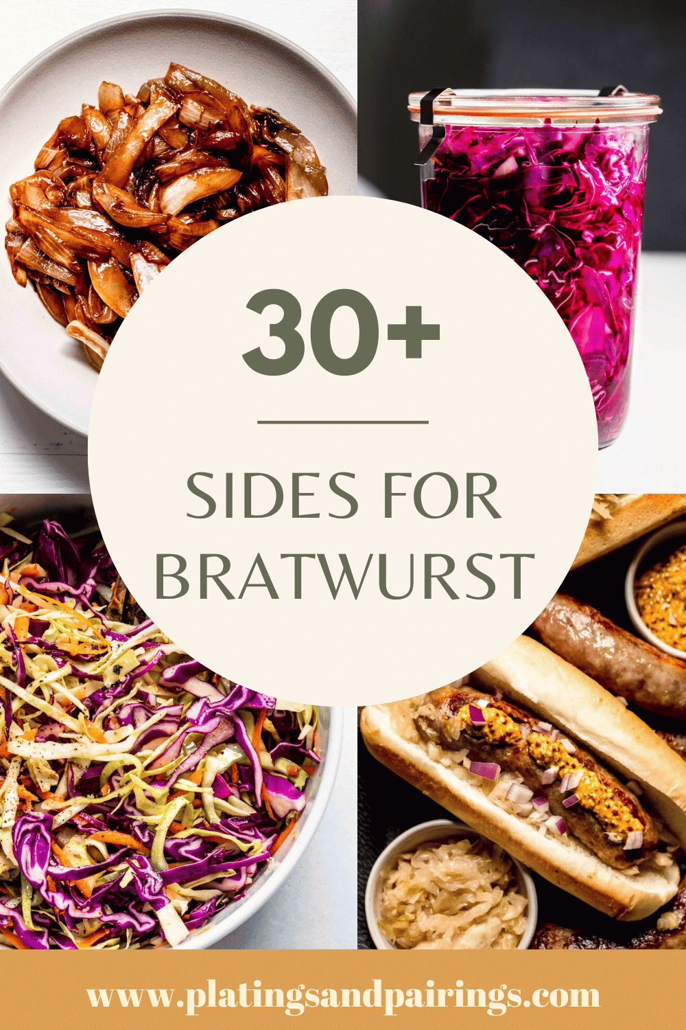 Collage of what to serve with bratwurst with text overlay.