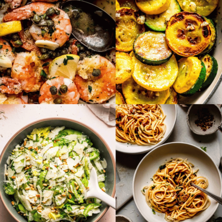 Collage of side dishes for shrimp scampi.