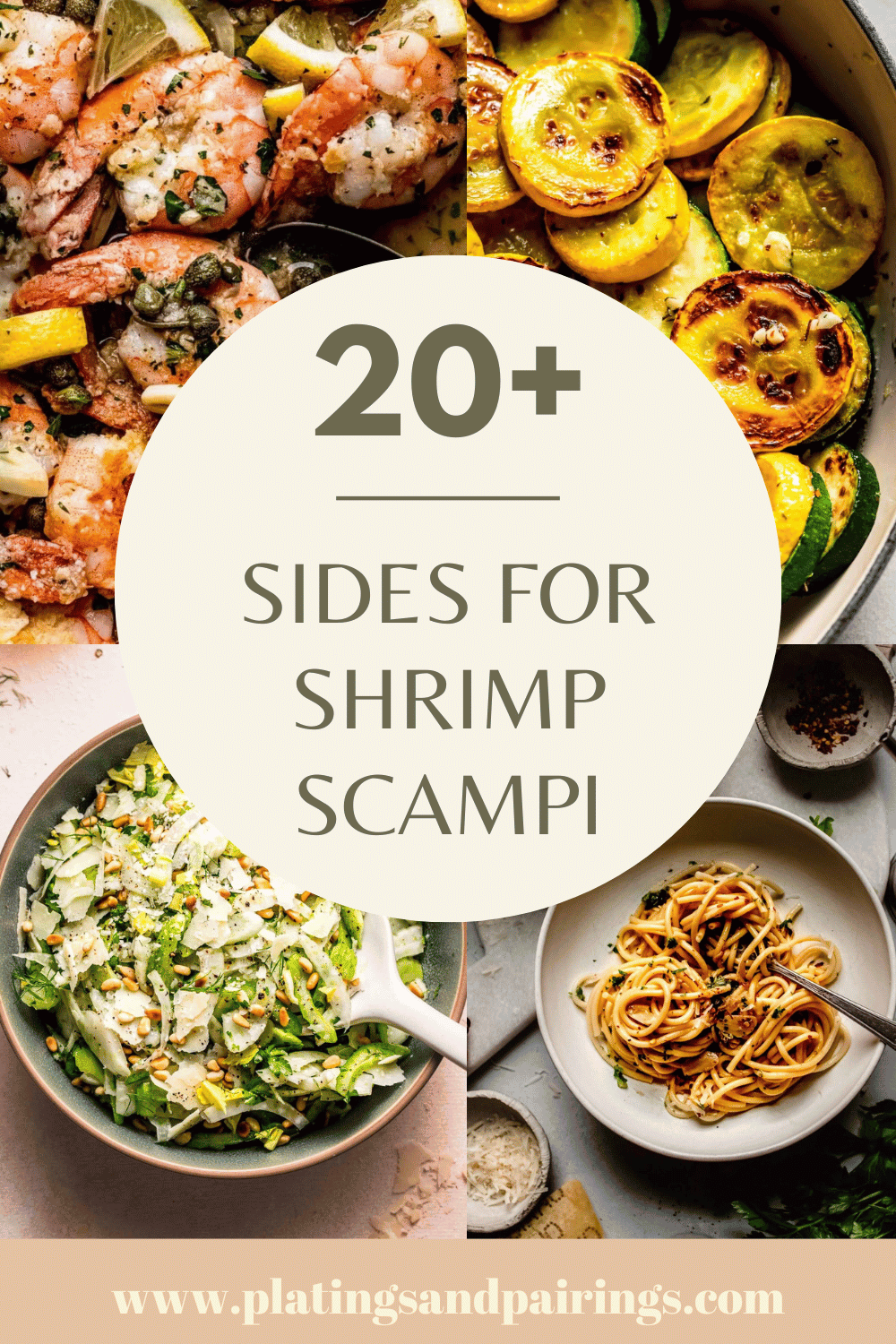 Collage of side dishes for shrimp scampi with text overlay.