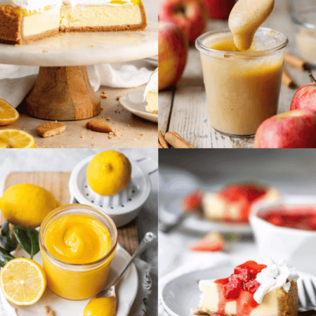 Collage of cheesecake toppings.