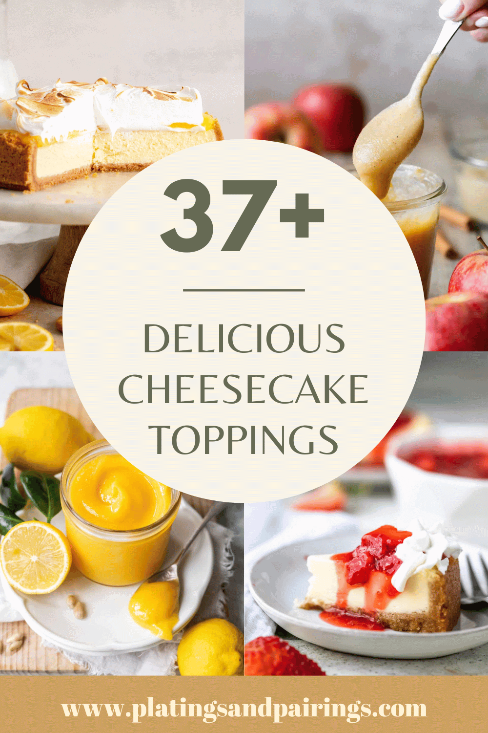 Collage of cheesecake toppings with text overlay.
