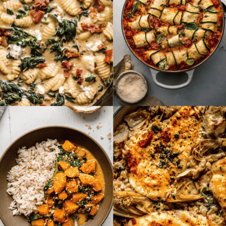 Collage of spinach dinner recipes.