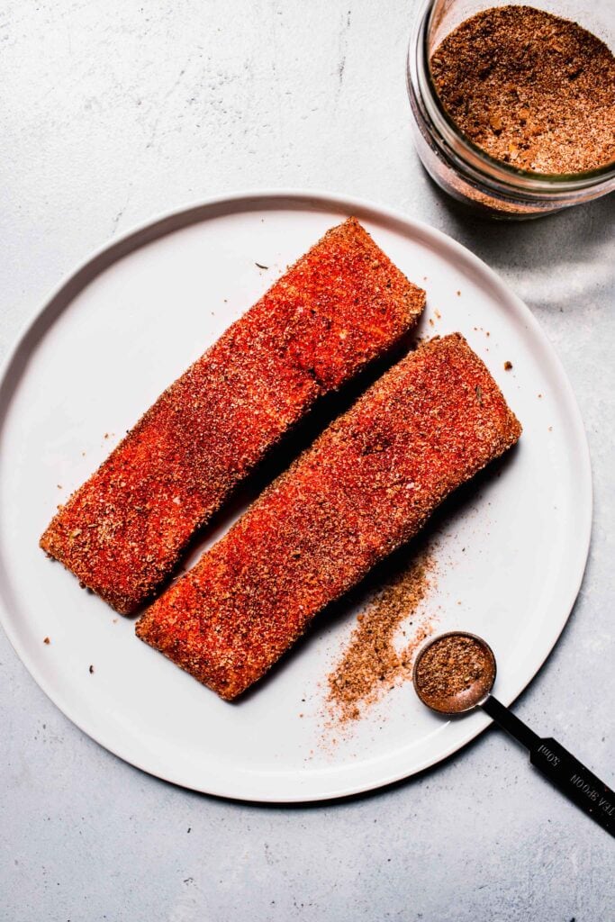 Salmon coated with dry rub. 