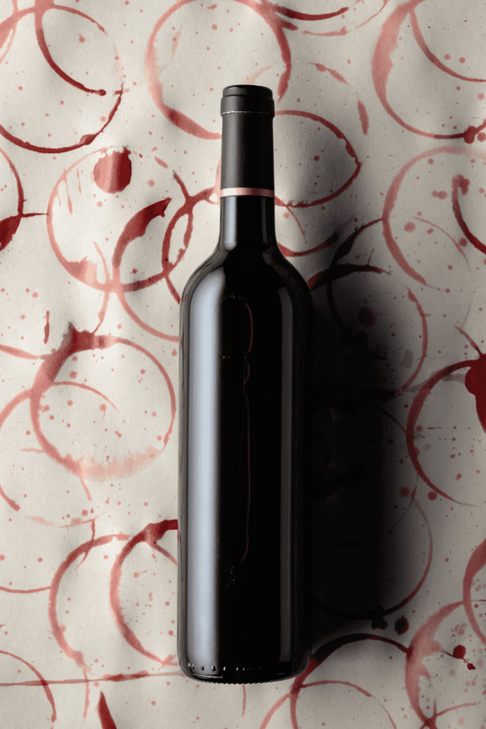 Bottle of red wine laying on counter. 