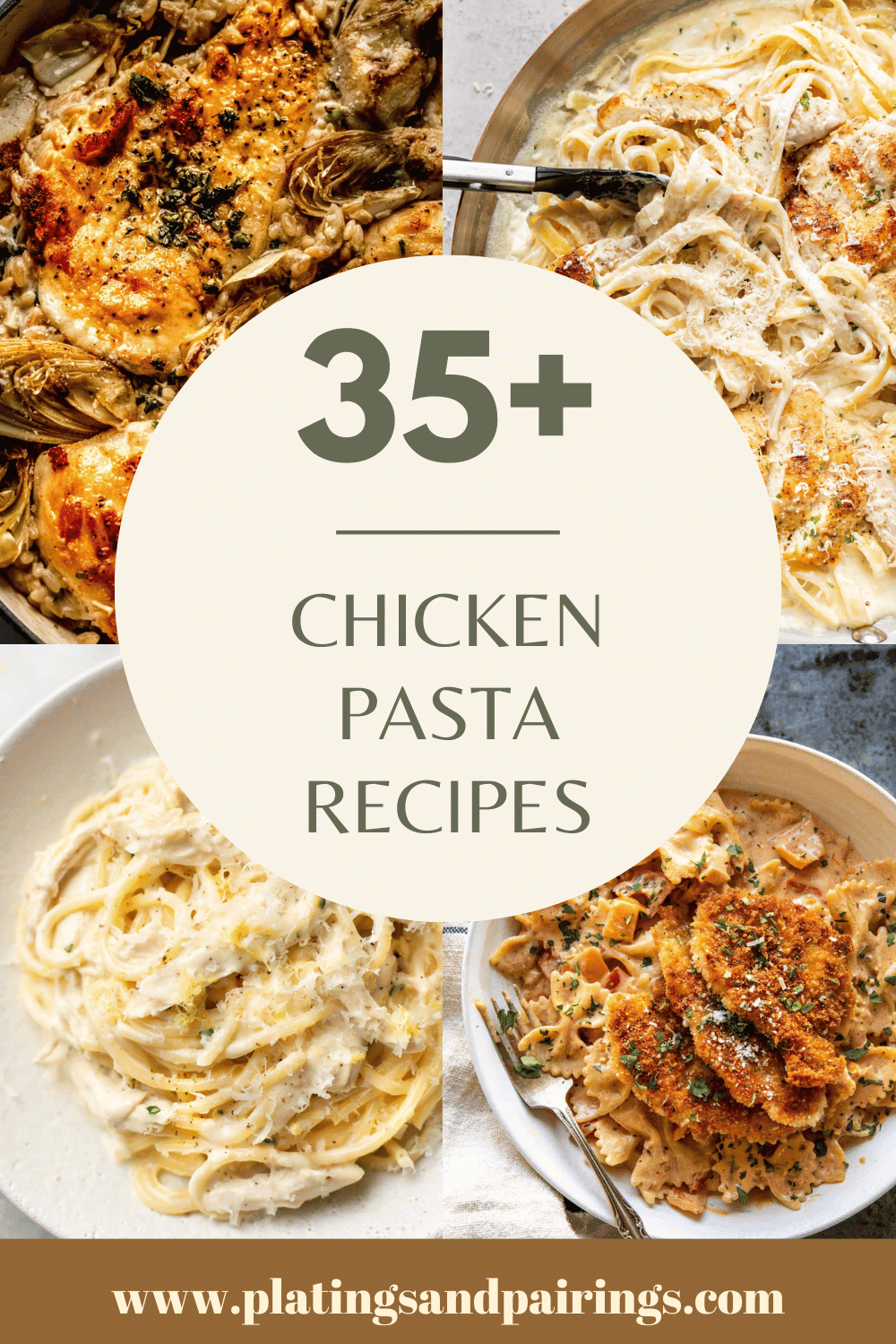 Collage of chicken pasta recipes with text overlay.