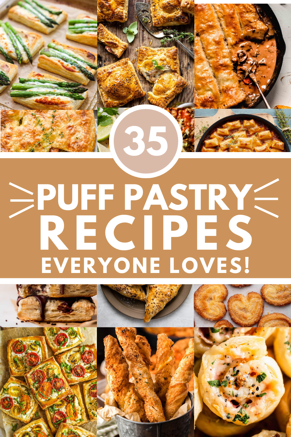 COLLAGE OF PUFF PASTRY SIDE DISHES WITH TEXT OVERLAY.