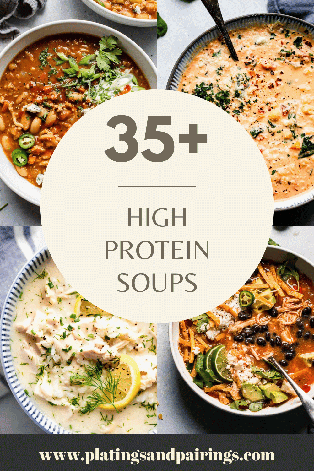 Collage of high protein soups with text overlay.
