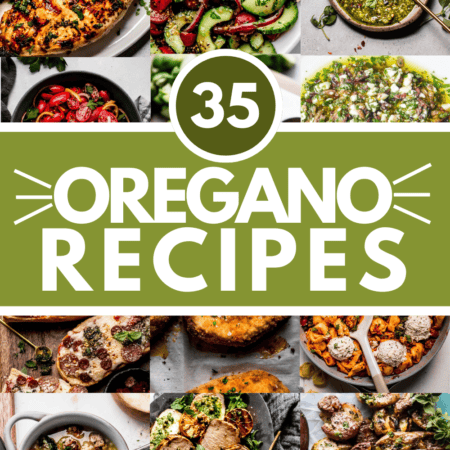 Collage of oregano recipes with text overlay.