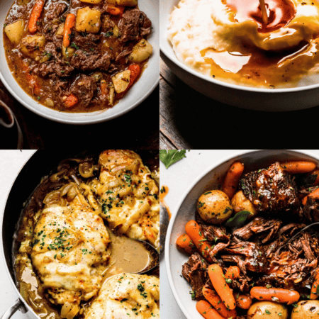 Collage of recipes that use beef stock.