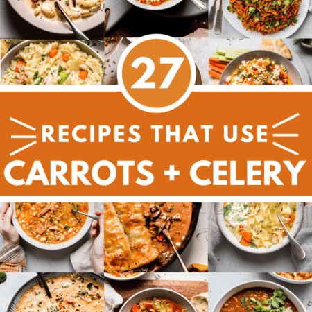 Collage of carrot and celery recipes with text overlay.