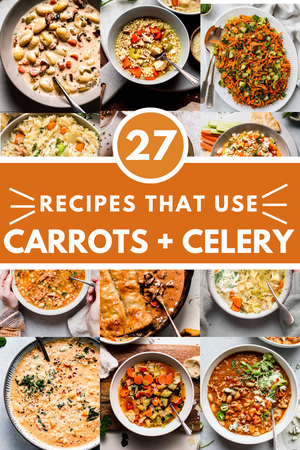 Collage of carrot and celery recipes with text overlay.
