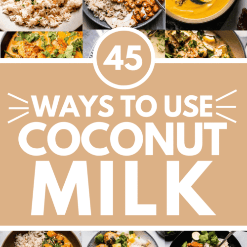 Collage of ways to use coconut milk with text overlay.