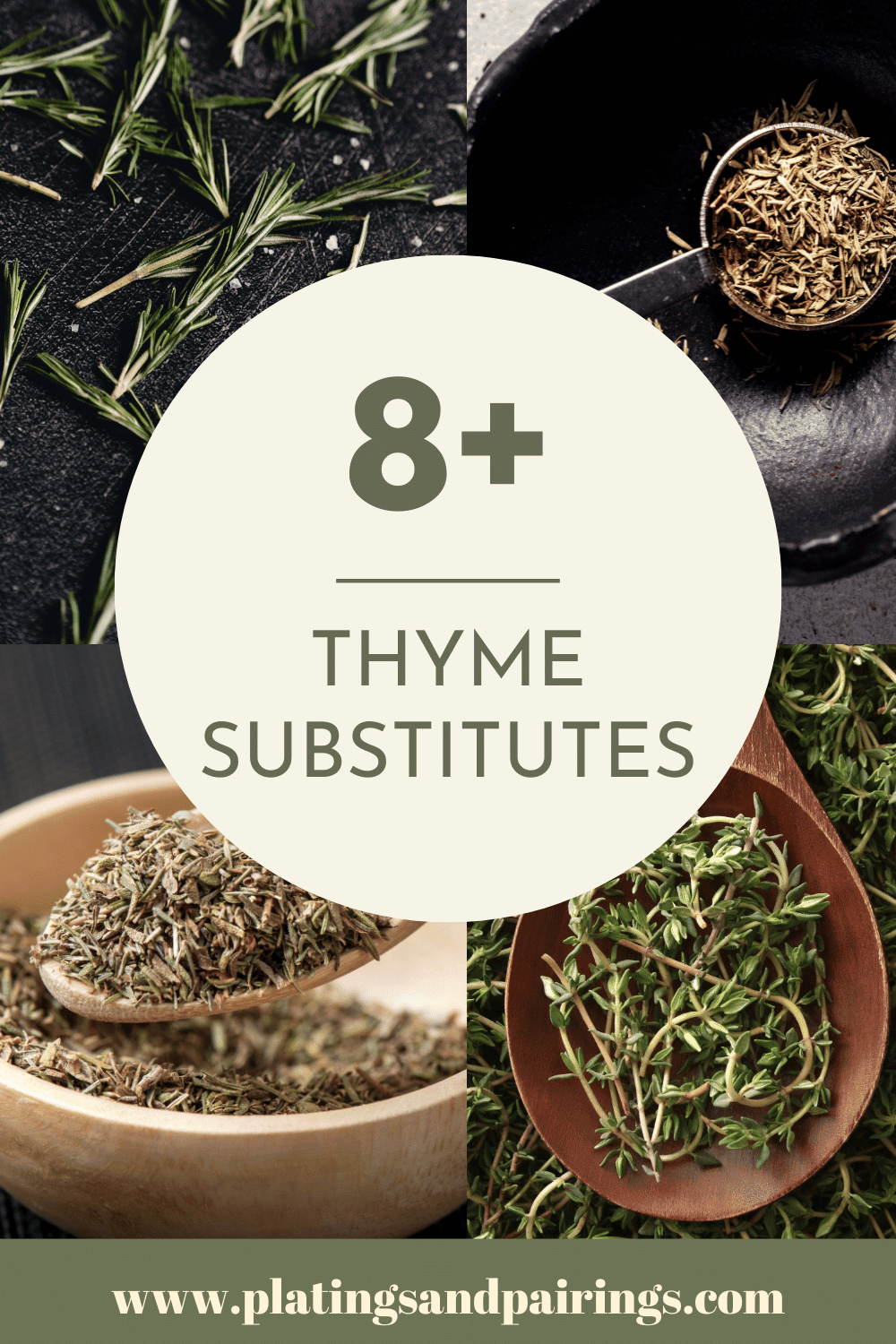 Collage of substitutes for thyme with text overlay.