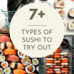 Collage of types of sushi with text overlay.