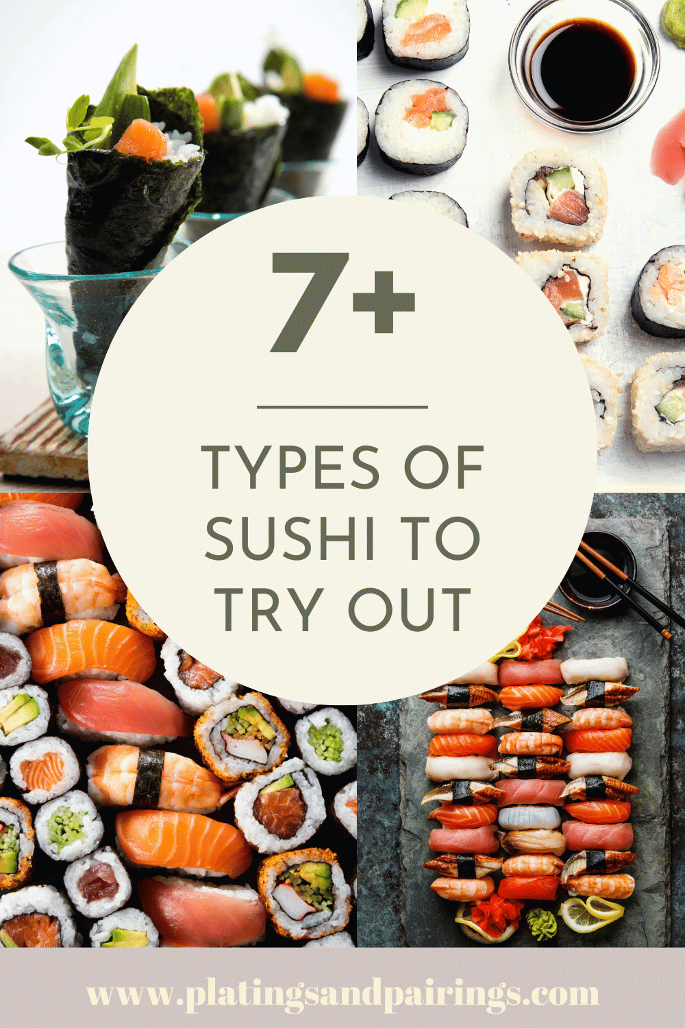 Collage of types of sushi with text overlay.