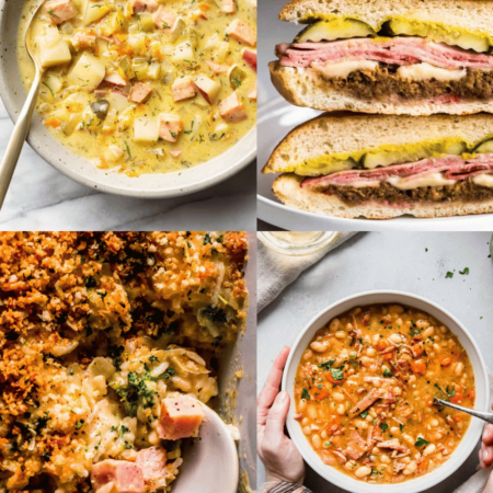 Collage of leftover ham recipes.
