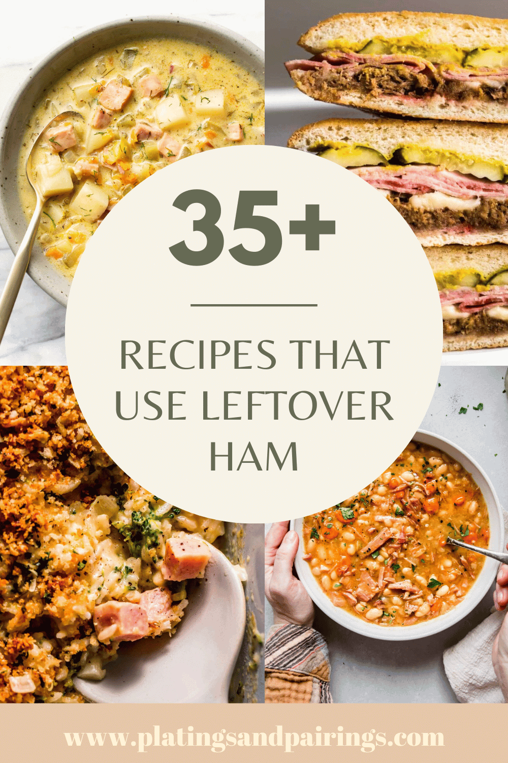 Collage of recipes that use leftover ham with text overlay.